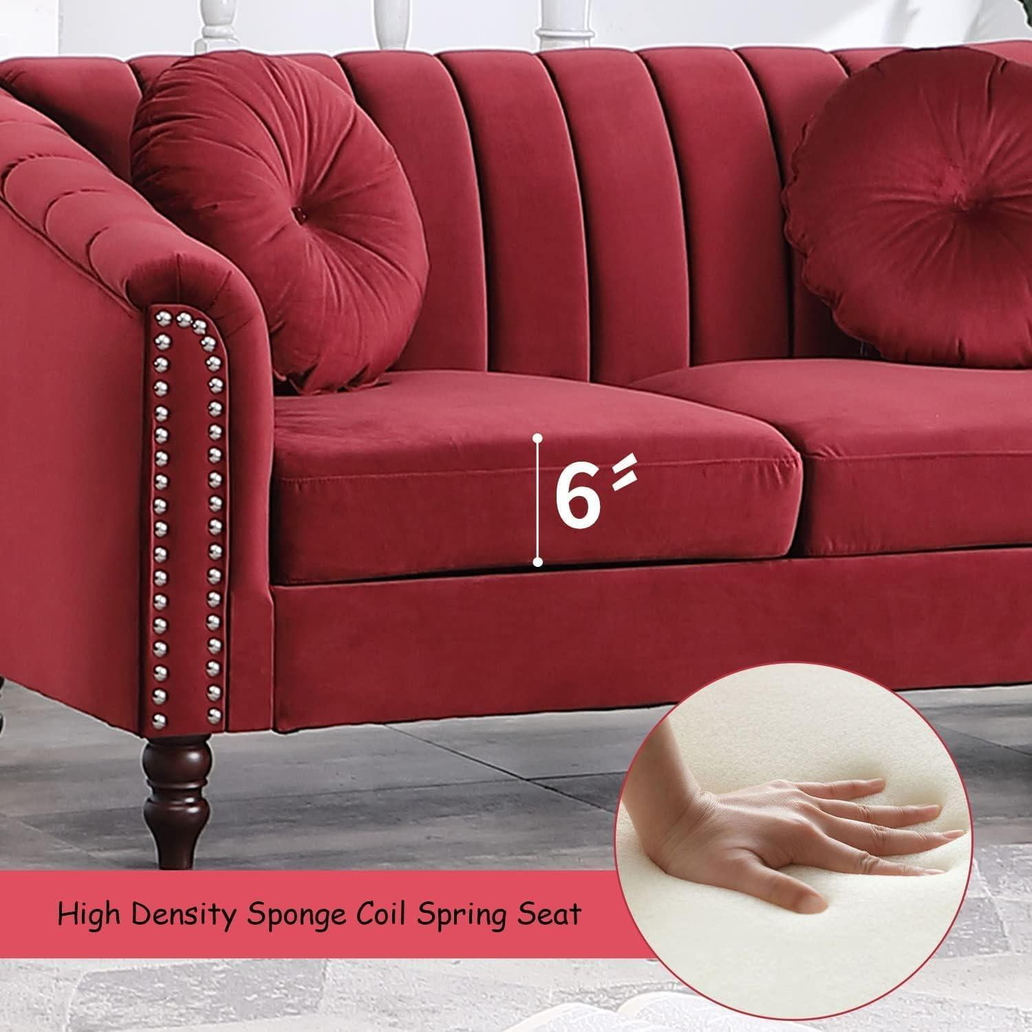 Gewnee Chesterfield Velvet Sofa Couch with Nailhead Trim and 2 Pillows for Living Room,Red