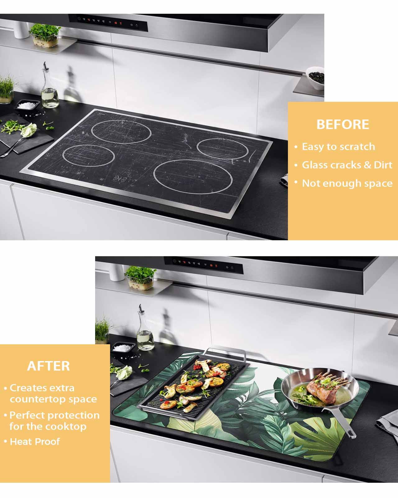 nqOlkjepod Large Induction Cooktop Protector Mat 24"x21", Tropical Leaves Stove Top Covers for Electric Stove, Watercolor Summer Botanical Leaf Plants Stove Burner Cover Mats, Glass Top Stove Cover