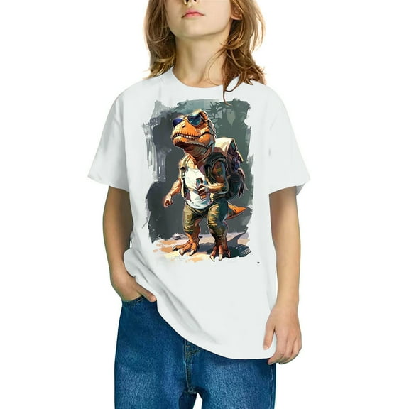 Odeerbi Teen Boys Girls Dinosaur Print T-shirt 3-14 Years Kids Short Sleeve Graphic Shirts Round Neck Crop Tee Top Teen Clothes White