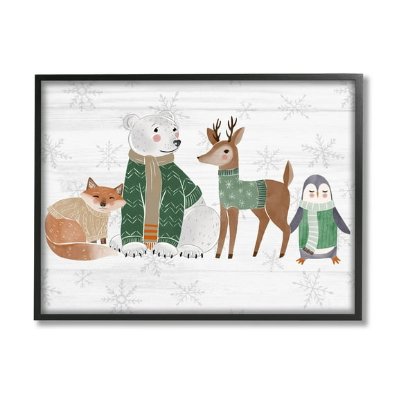 Stupell Industries Winter Wildlife Animals Snowflakes Graphic Art Black Framed Art Print Wall Art, Design by The Saturday Evening Post