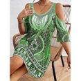 thumbnail image 4 of Vestido Alto Bajo para las Mujeres de Hombro Frío Cuello Redondo Impresión Bohemia Media Manga Mini Patinador Ropa de Playa de Verano Casual, 4 of 7