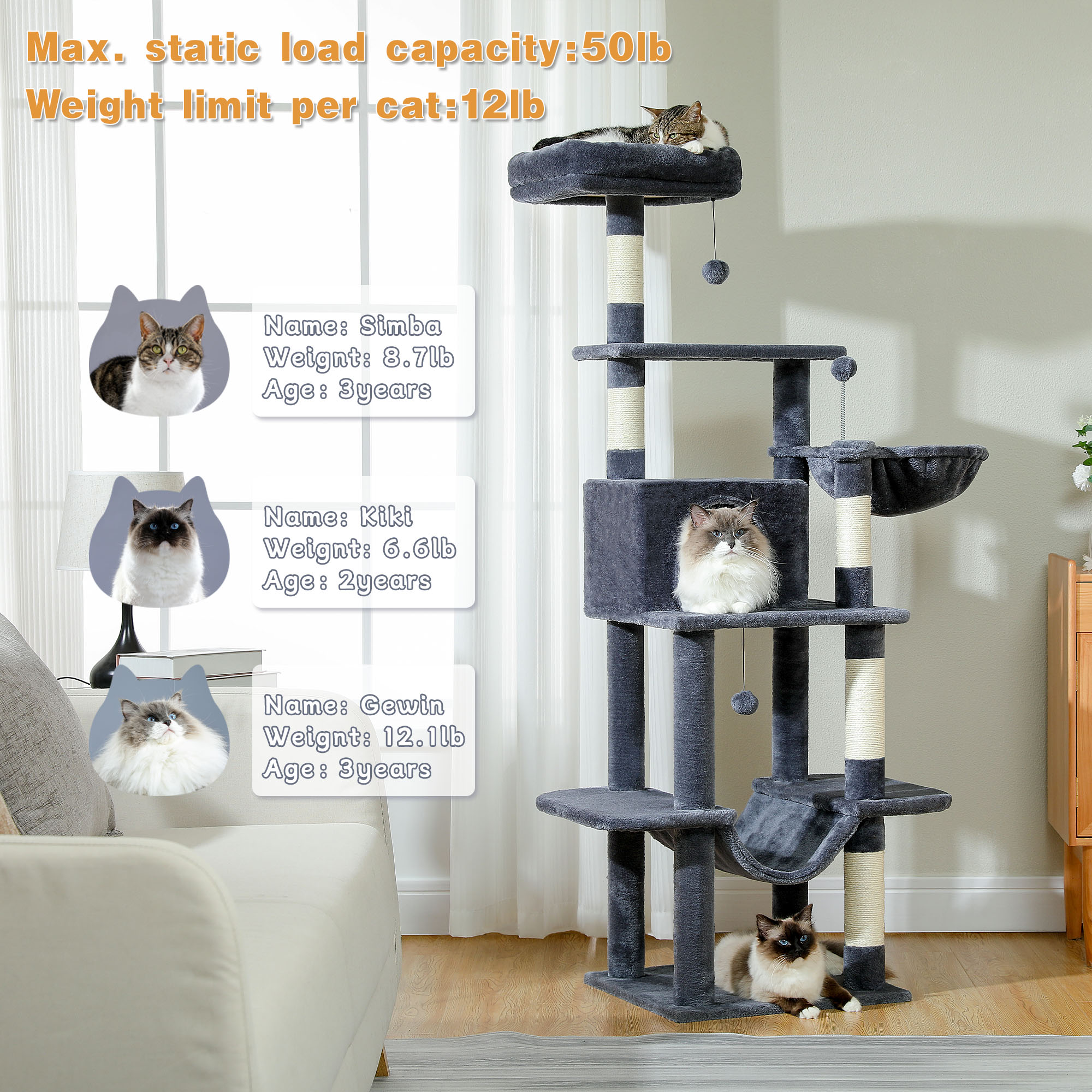 Pawz Road 64" 5-Tier Cat Tree with Dual Hammocks photo 7