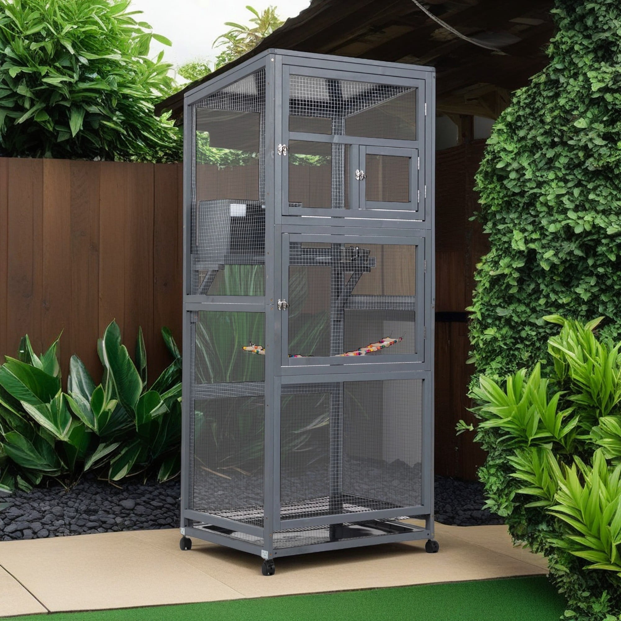Demi Bonn 68" Outdoor Bird Aviaries Large Bird Cage with Universal Wheels, Wood Indoor Bird Habitats for Poultry House, and Small Pet Shelter, Gray