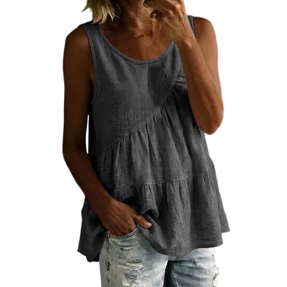 aohooy Babydoll Tops for Women Sleeveless Flowy Shirt Csaual Summer Tank Top Boho Cute Loose Pleated Peplum Ruffle Tunic Blouse Gray,L