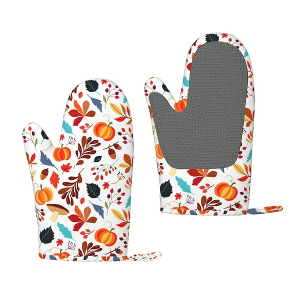 Hirioo Autumn Pumpkins Fall Leaves for Silicone Oven Mitts for BBQ, Baking, Cooking, Set of 2, Heat Resistant 260℃, Non-Slip Kitchen Essentials