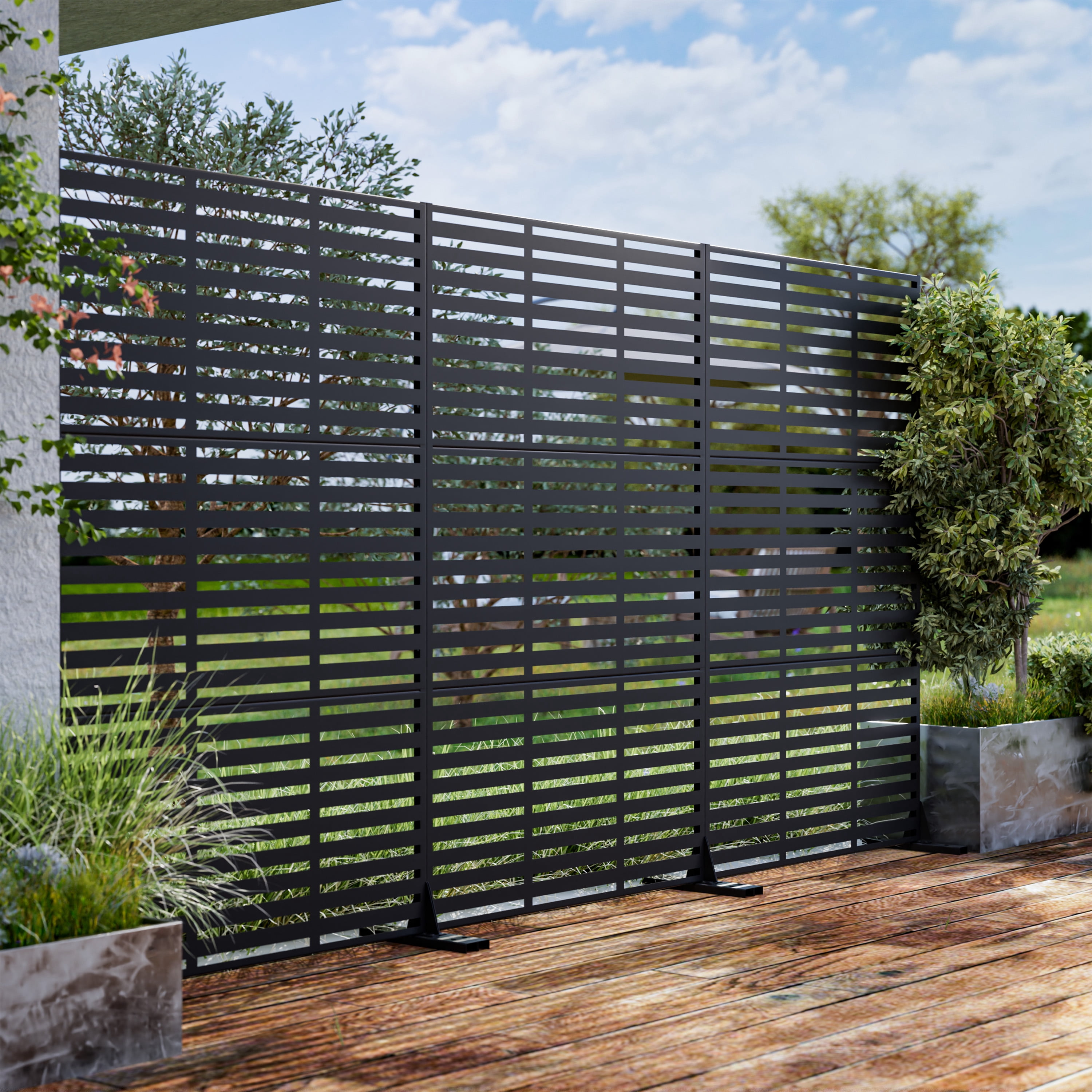 MAYEERTY 72"x47" Outdoor Privacy Screen with Stand Adams Metal Balcony Decorative Screen,Black