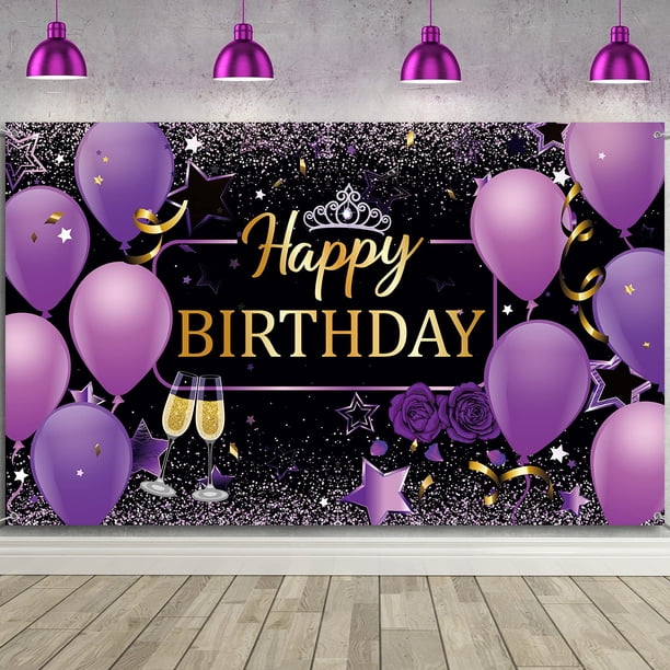 Fondo de feliz cumpleaños, morado con rosa, poliéster, 72,8 x 43,3 pulgadas, para decoraciones de fiesta de cumpleaños
