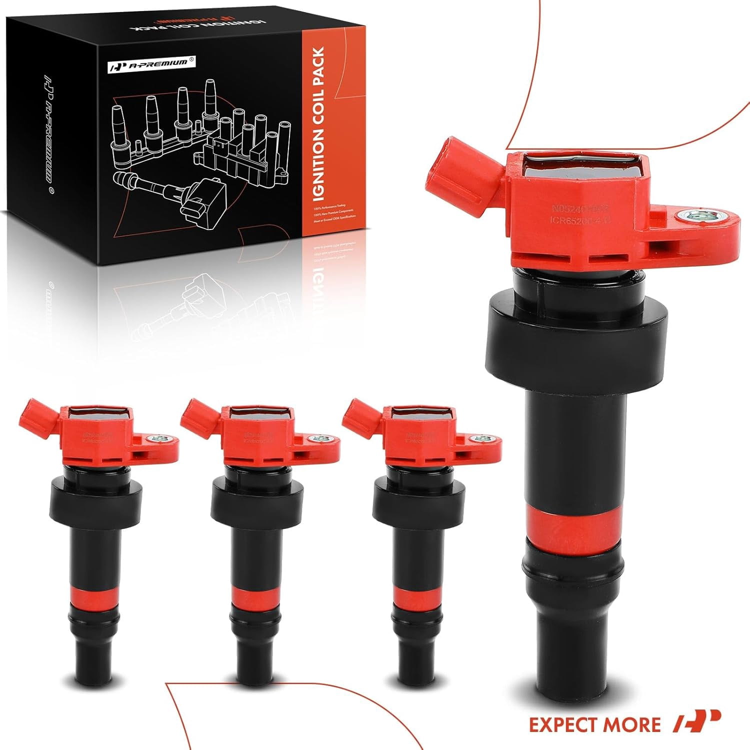 A-Premium (Red) Engine Ignition Coil Pack Compatible with Kia Soul 2012-2019, Rio 2012-2019 & Hyundai Accent 2012-2021, Veloster 2012-2017, 1.6L, 4-PC Set