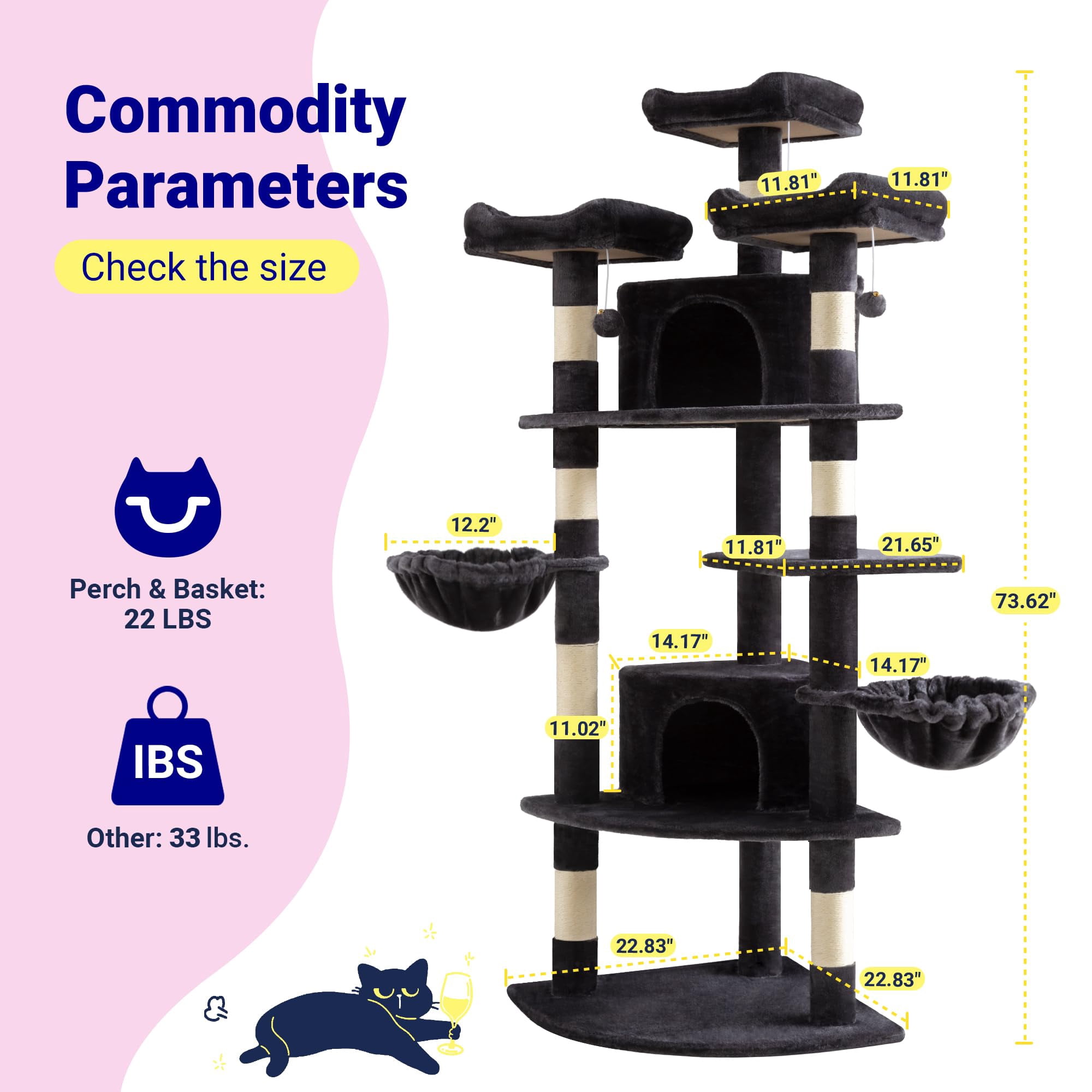 73in Fan-shaped Space-saving Corner Cat Tower/multi-level Tall Tree For Indoor Kitties/cozy Baskets/condos/house/perches/sisal Posts/pet Activity Center/dark Grey