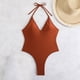 thumbnail image 4 of Trajes de Baño de Bikini de Mujer sin Mangas de Gran Tamaño de Color Sólido con Cuello Colgante V-Cuello Conjunto para la Piscina de Playa Y Verano, 4 of 9