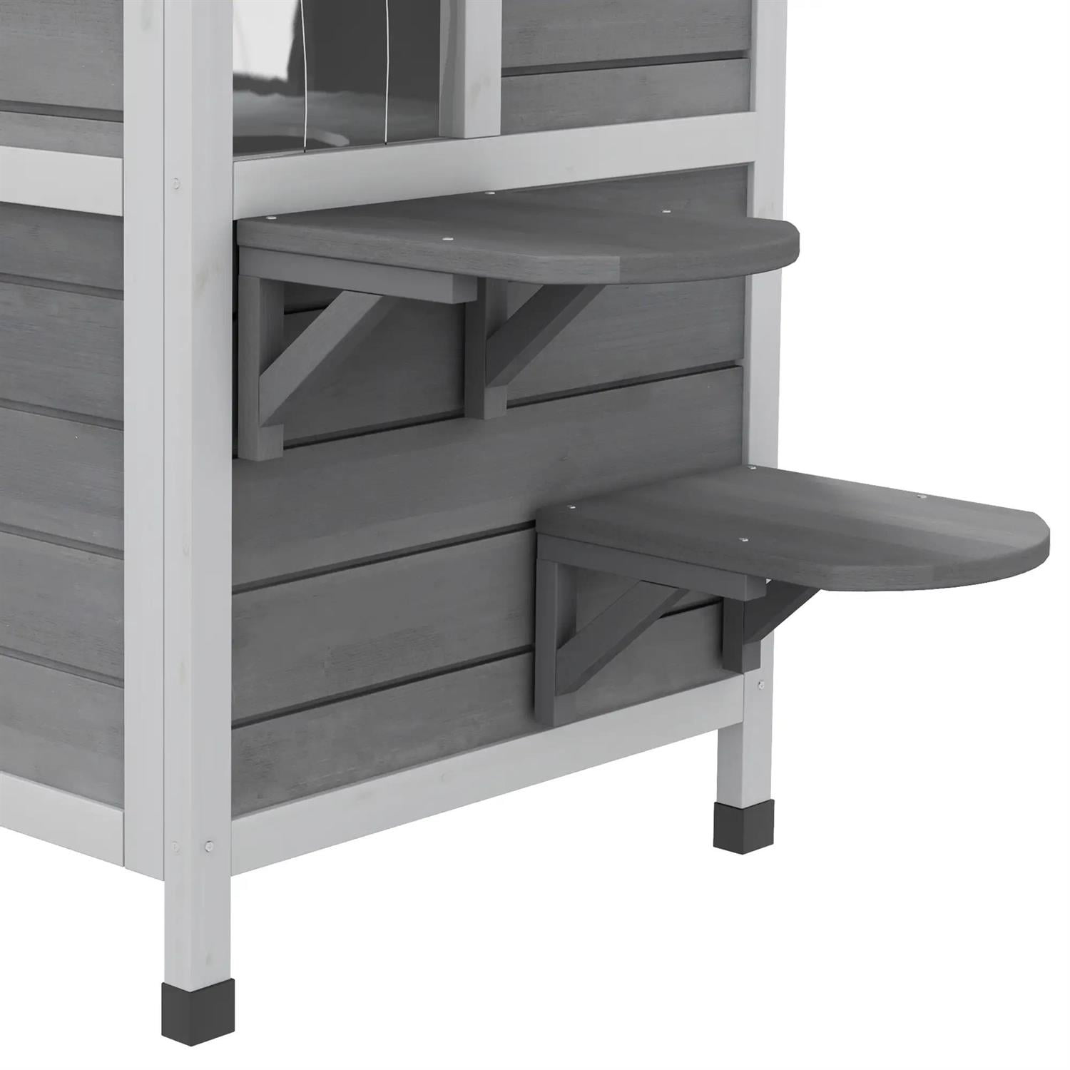 Pefilos 2-story Outdoor Weatherproof Cat House with Openable Roof, Escape Door, Jumping Platforms, Wooden Feral Shelter for Cats and Small Animals, Gray
