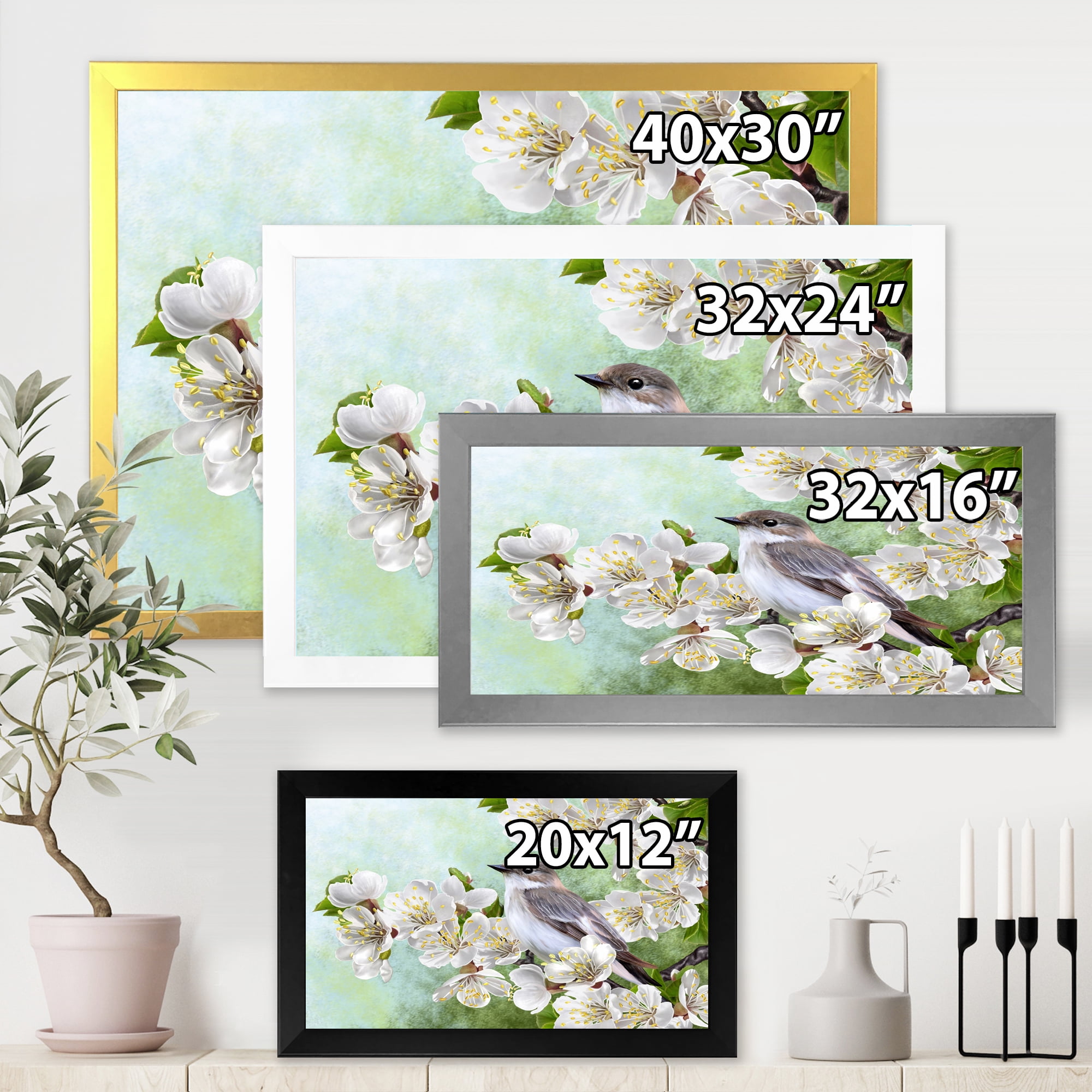 Designart 'Gray Bird Sitting On A Branch of A Blossoming Tree' Traditional Framed Art Print