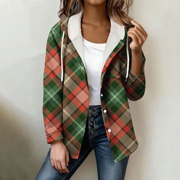 YueHuiYing Women's Casual Fashion Plaid Zipper Hooded Long-sleeve Hooded Thick Sweatshirt Pocket Coat Top