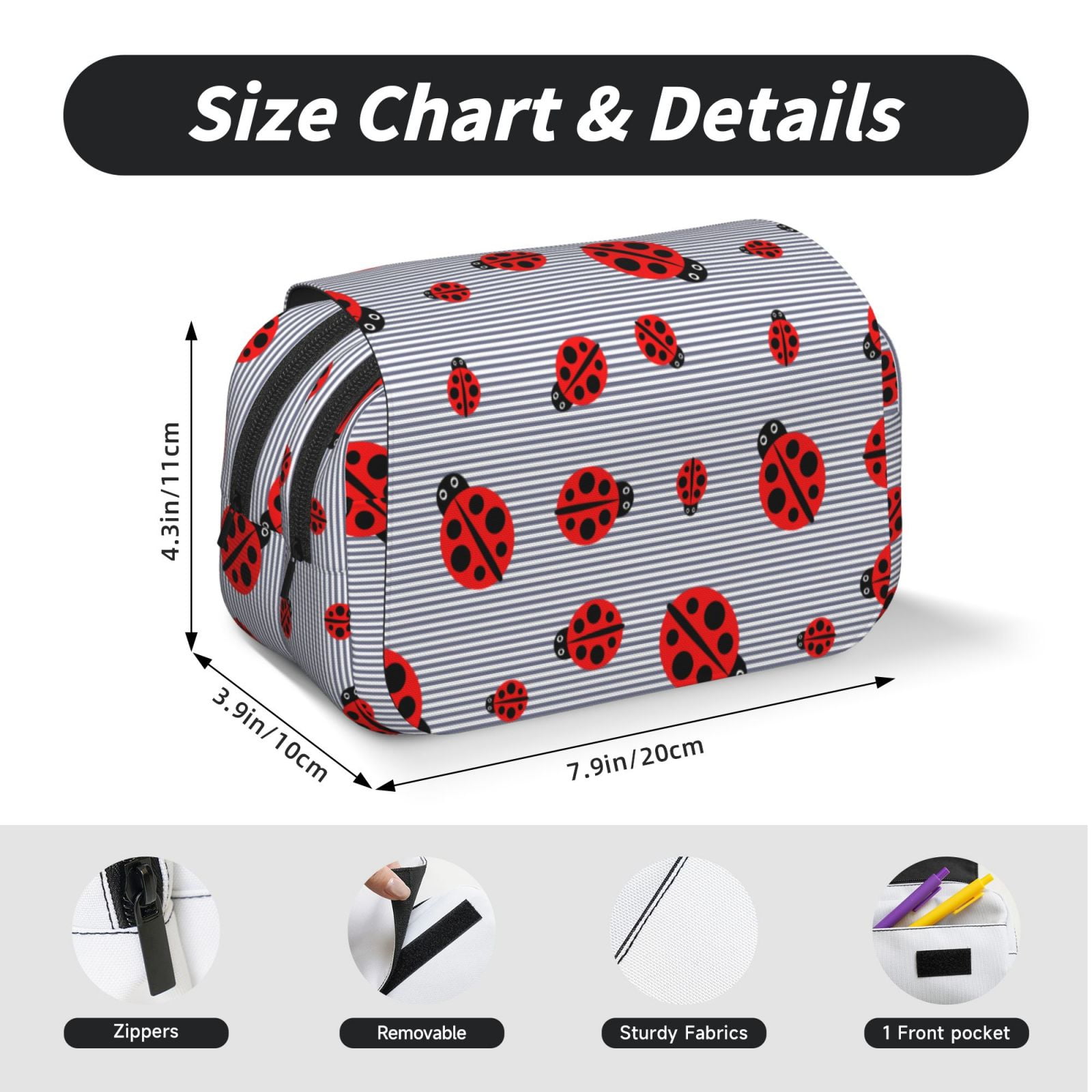 Rateoe Ladybug Pattern Double Clamshell Pen Case, Storage Organizer with Two Zipper Compartments– Holds Up to 50 Pencils & Pens