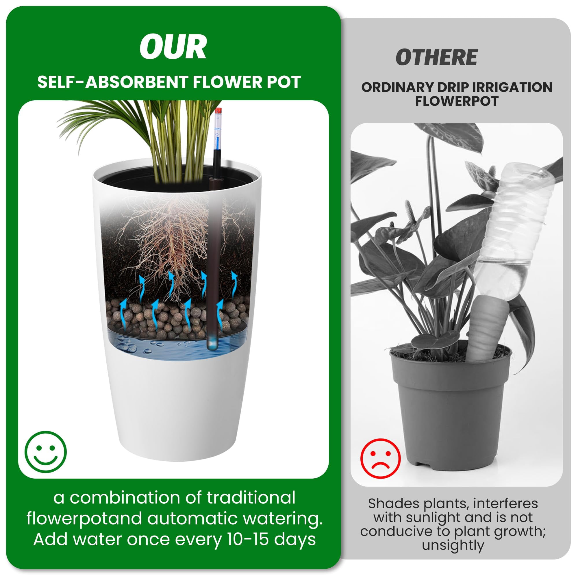 Memoryfield 22" Tall Self-Watering Planter Set 2, Large Plastic Flower Pots with Water Level Gauge, Drainage & Built-in Handle for Indoor Outdoor, White