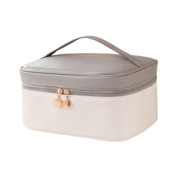Bolsa de maquillaje de piel sintética para mujer, neceser de viaje, estuche de aceites, artículos de aseo de gran capacidad. Gris blanco