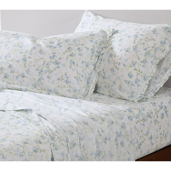 Shabby Chic® - Full Sheets, Soft &amp; Breathable Organic Cotton Bedding Set, Floral Home Decor with Ruffled Pillowcases (Ella Blue, Full)