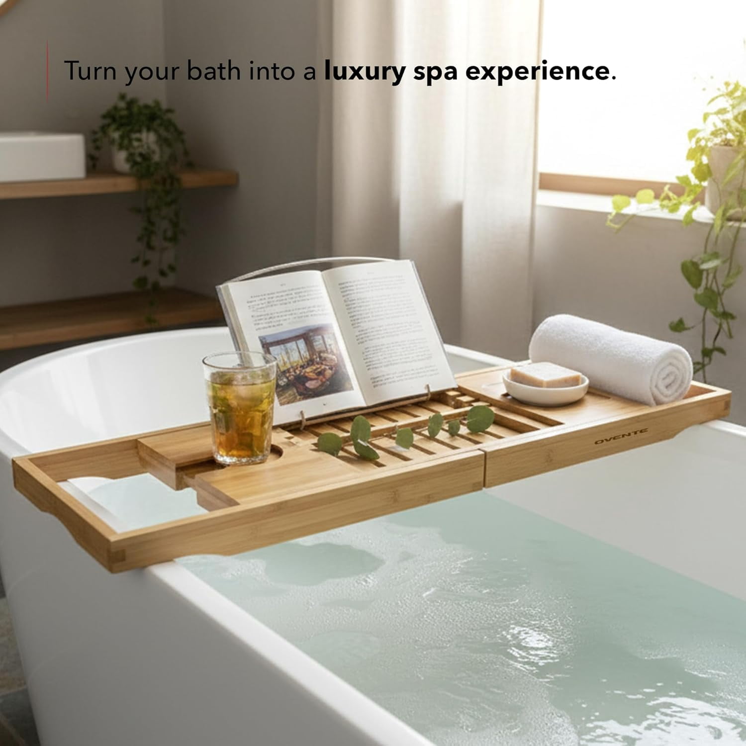 OVENTE Bathtub Tray Caddy, Expandable Bamboo Bath Tray Table, Wooden Tub Board with Books, Tablets, Phone and Wine Glass Holder, Bathroom Accessories and Home Spa Essentials, Wood BTC20228