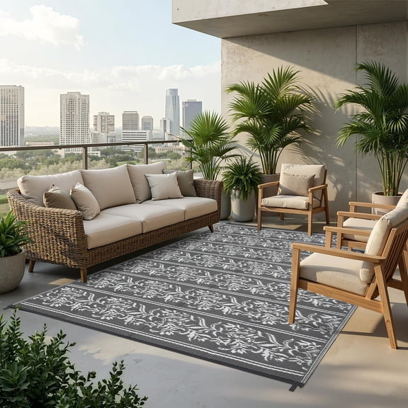 Outdoor Carpet 9x18 Waterproof Reversible, Plastic Straw Mat with Floral Wallpaper Pattern for Patio, Deck, RV, Camping, Picnic, Beach, Backyard in Grey White