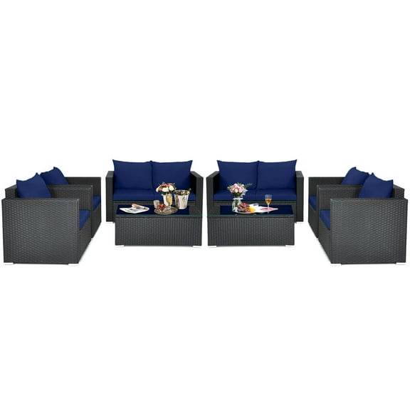 Gymax Set of 8 Rattan Furniture Set Cushioned Sofa Chair Coffee Table Patio Navy