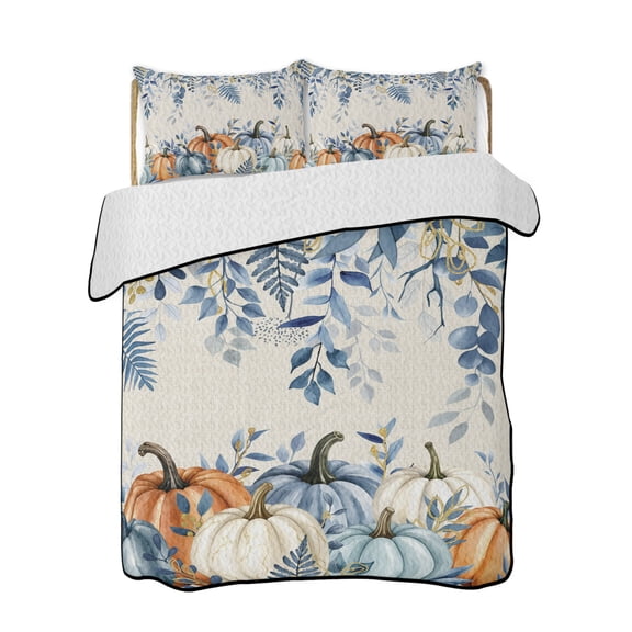 Blue Pumpkin Quilts Bedding Set Queen Size Thanksgiving Eucalyptus Leaf Berry Linen Texture Lightweight Quilted Bedspread 3 Piece Bed Quilt with 2 Pillow Shams All Season for Bedroom 78" x 90"
