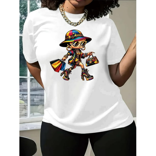 Camiseta para mujer Suave Transpirable veranoWomen'S Fashion Cartoon Print Crew Neck T-Shirt, Casual, Regular Length, Short Sleeve Top, Polyester Knit Fabric Tee for All SeasonsFather's Day, Mother'
