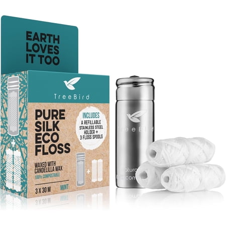 Pure Silk Eco Floss Kit - Refillable Floss Dispenser (Stainless Steel) + 3×33 yd Silk Refills | Waxed with Candelilla Wax | Mint
