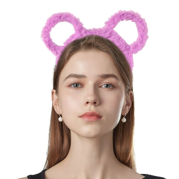 Diadema gruesa de felpa de invierno para mujer, con orejas de oso redondas, para maquillaje, bandana morada