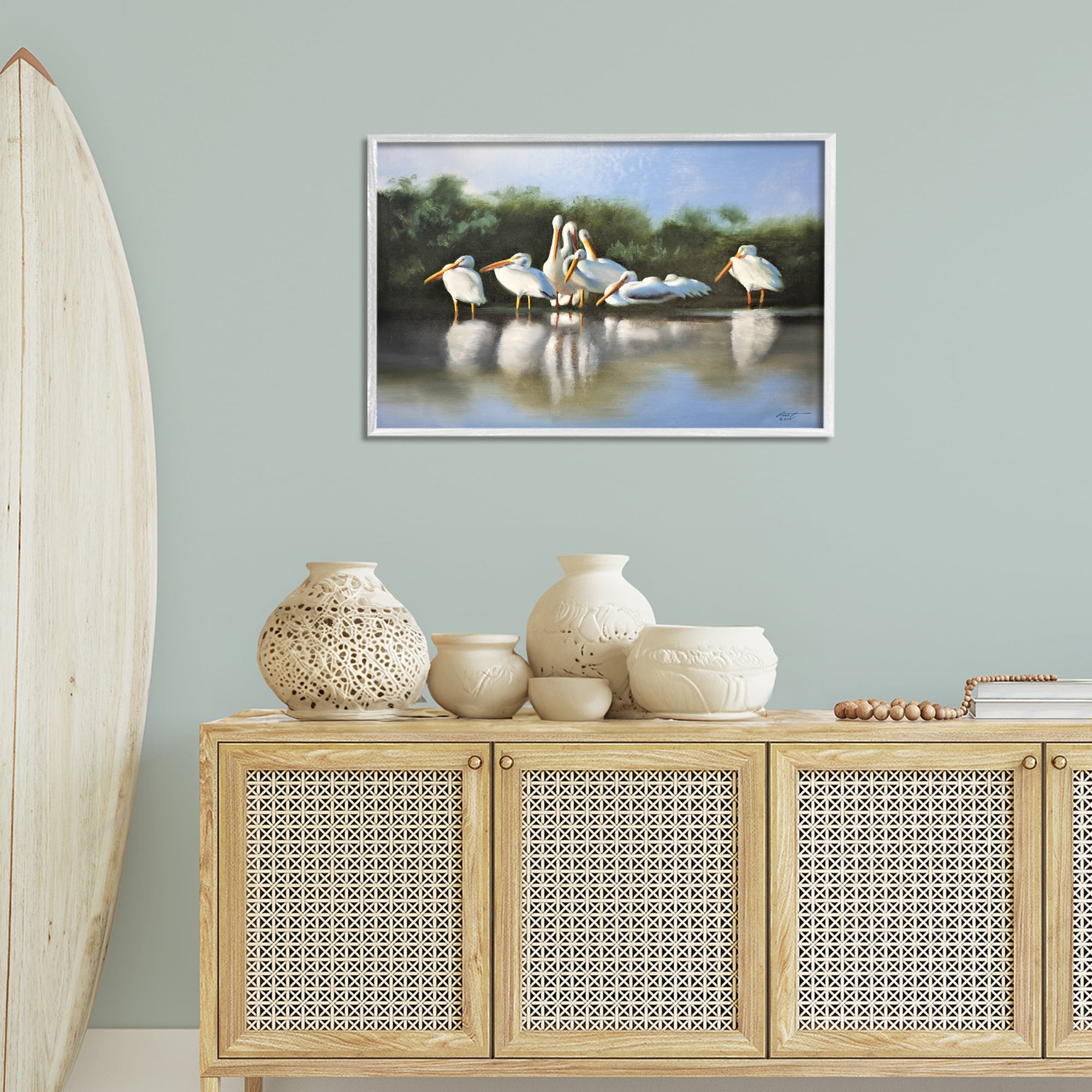 Stupell Industries White Pelicans Flock Animals & Insects Painting White Framed Art Print Wall Art, 30 x 20
