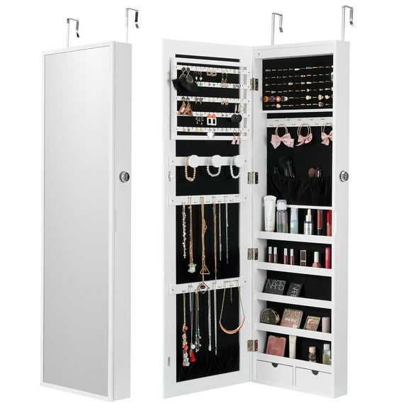 KFFKFF Mirror Jewelry Cabinet,47.05-Inch Height Secure Jewelry Storage Cabinet with Full-Sized Mirror,Adaptable to Wall or Door,Jewelry Mirror Holder with Interior LED Lights and Velvet Interior