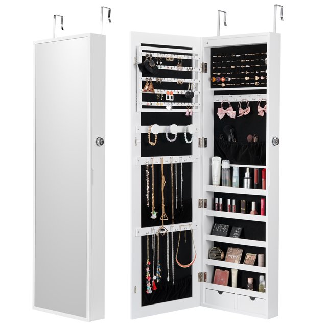 KFFKFF Reflective Jewelry Storage, 47.05-Inch Height Secure Jewelry Storage Cabinet with Full-Sized Mirror, Adaptable to Wall or Door, Jewelry Mirror Holder , White