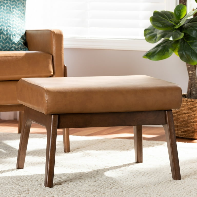 Baxton Studio Bianca Mid Century Modern Walnut Brown Finished Wood and Tan Faux Leather Effect Ottoman Walmart