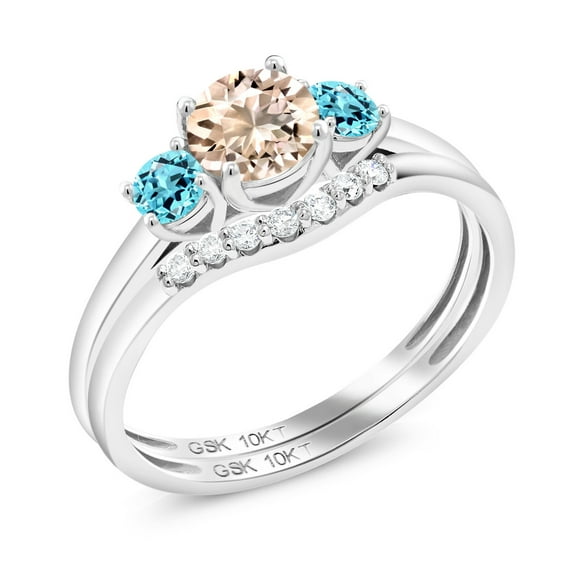 Gem Stone King 5mm Round Peach Morganite Swiss Blue Topaz 0.77 Ct 10K White Gold Lab Grown Diamond Ring (Size 7)