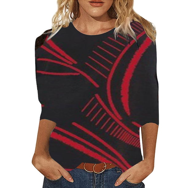 ICHUANYI Clearance Fashion Women's Spring Printed Mid-length Sleeves Round Neck Casual Tee Tops(Red, XL) ICHUANYI WER2023081116585