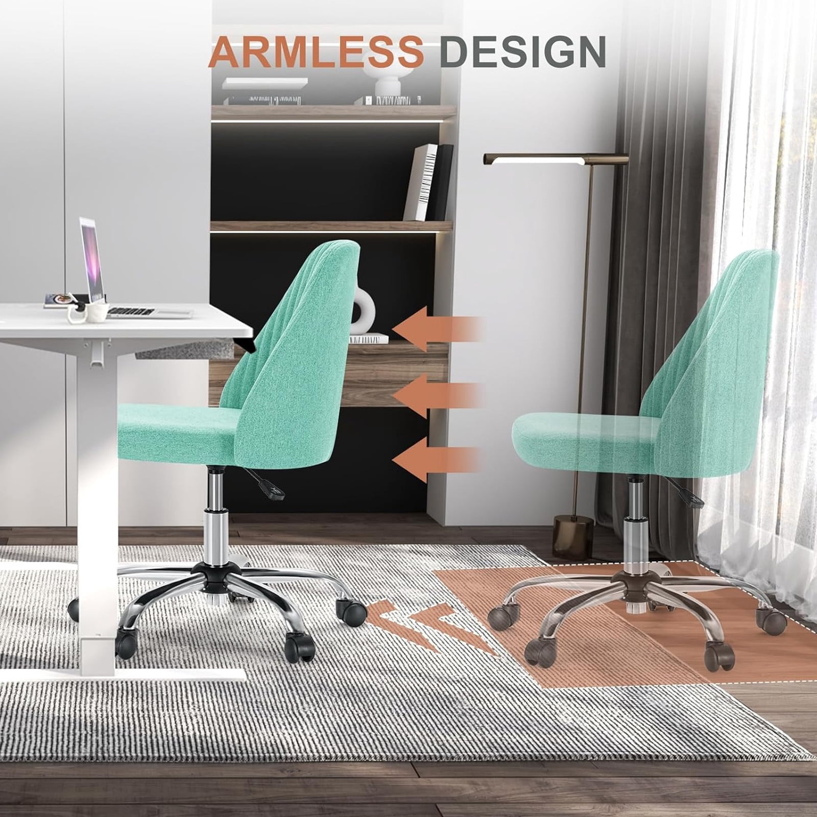 Casabay Armless Office Chair, Extra Cushion Padded Compact Upholstered Desk Chair with Back Support, Rolling Swivel Vanity Chair for Home Office, Green