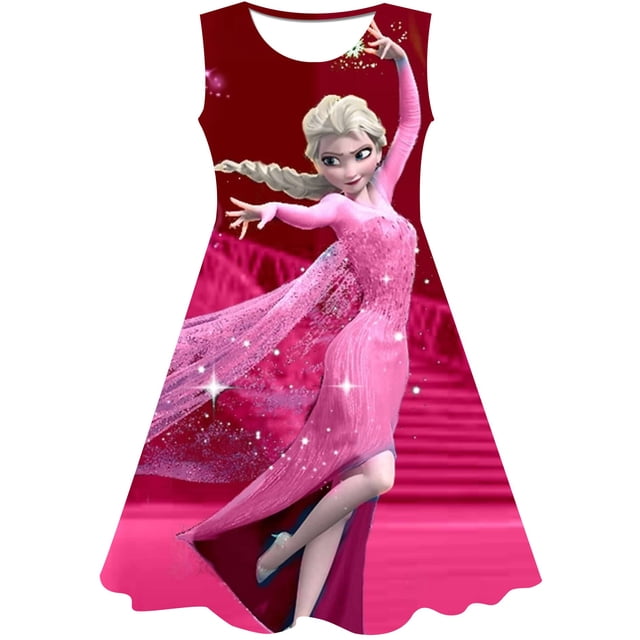 Disney Girls Frozen Elsa vestido niñas vestido verano nuevas niñas cuello redondo sin mangas Elsa vestido dibujos animados Elsa princesa vestido 1-10Y5T Gao Jinjia LED