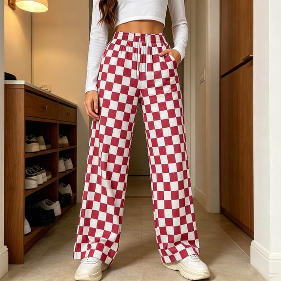 Bzdzmqm Women's High Waisted Wide Leg Pants Plus Size with Pockets Plaid Pattern Loose Fit Casual Streetwear Long Trousers for Party Daily, Red XL
