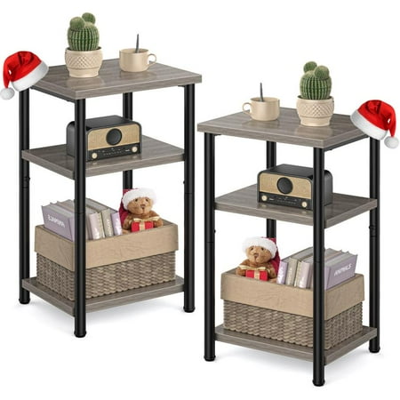 Set of 2 End Table, Side Table, Nightstands with 3-Tier Storage Shelves, Sofa Table for Small Space, Living Room Bedroom
