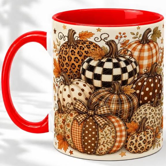 Pumpkin Patch Pattern 11oz Accent Mug, Ceramic Coffee Cup for Fall Glossy ceramic mug with double-sided autumn pumpkin artwork for daily coffee or tea at home or office