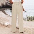 thumbnail image 4 of Women's cotton and linen casual straight wide-leg loose drawstring elastic waist trousers, 4 of 9