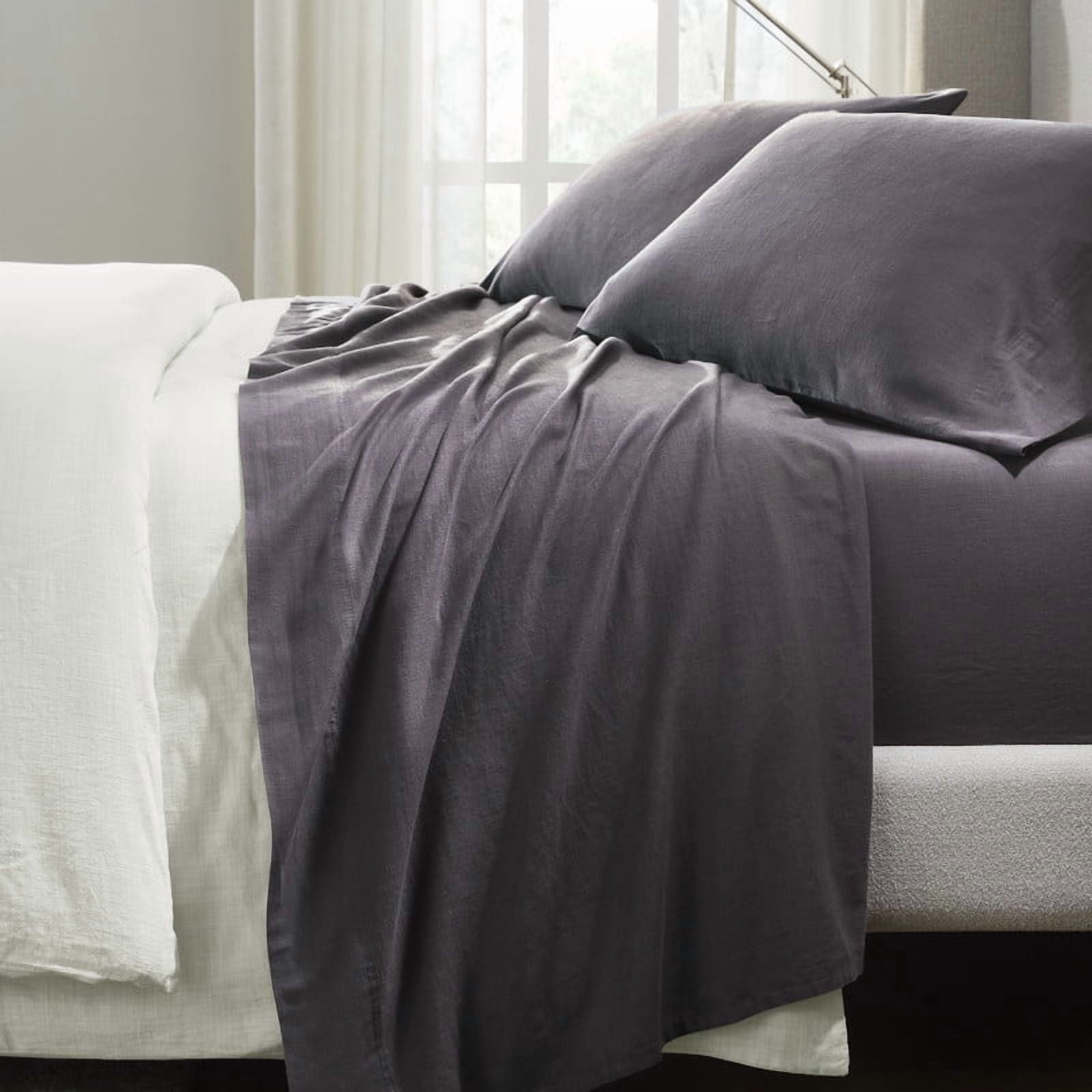 Superior Chloe 100% Cotton Percale Linen Texture Bed Sheet Set, Queen, Washed Plum