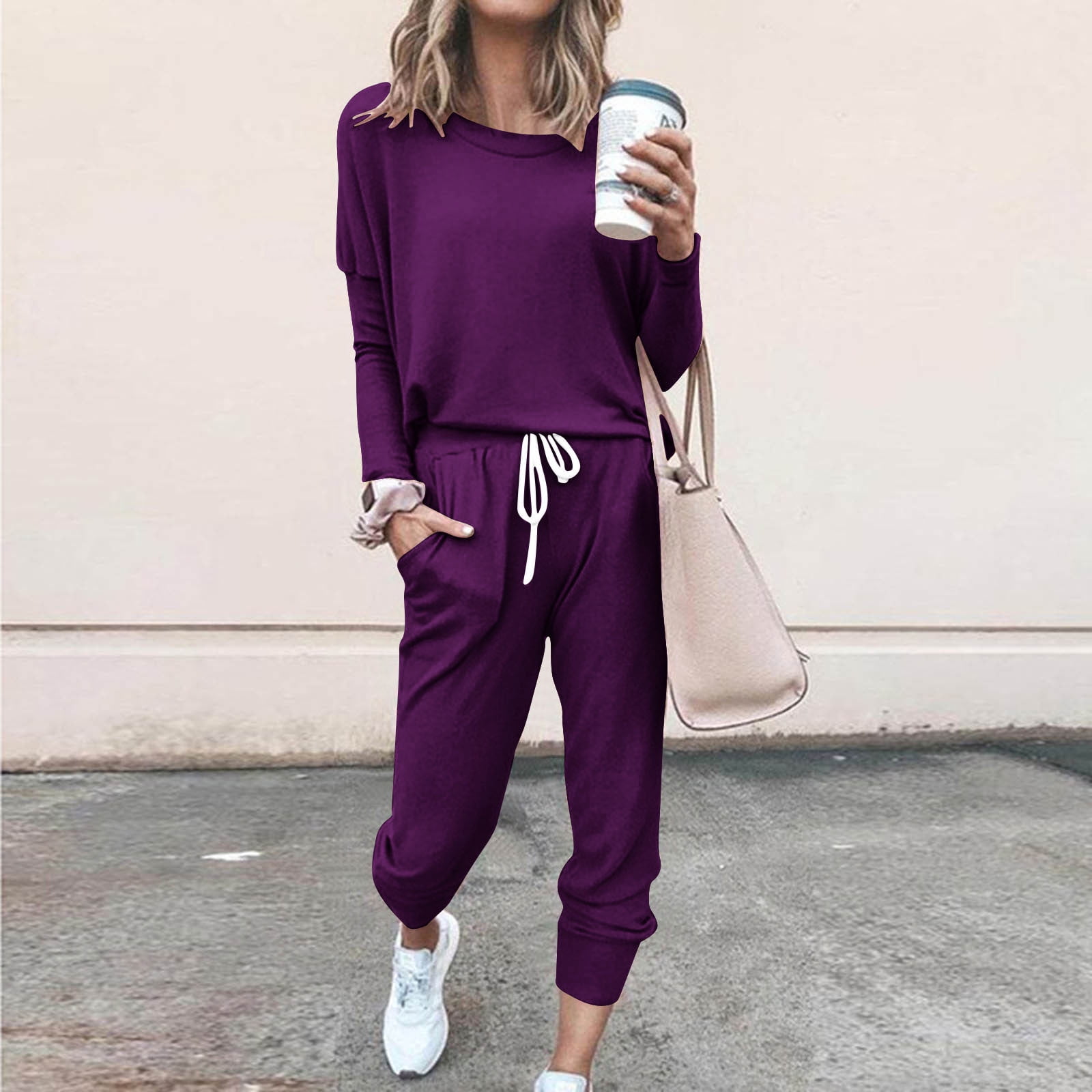YUGYXL Jogger Sets for Women 2 Piece Lounge Sets Long Sleeve Tops Sweatpant Sweatsuits Set Casual Workout Tracksuits Outfits Purple XXL