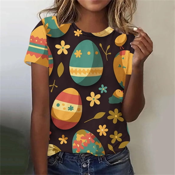 Xdegoge Easter T Shirt for Women Vintage Floral Botanical Painted Egg Graphic Short Sleeve Crewneck Spring Holiday Festival Casual Relaxed Fit Soft Lightweight Breathable Tops
