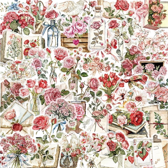 CCOCC 100 Pcs Transparent Pink Flower Stickers for Scrapbooking Nature Plant Stickers Floral Vintage Craft Rose Doves for Journaling Scrapbooking Clear Flower Decals