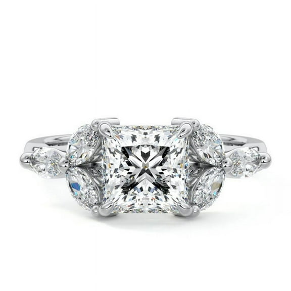 Brig Jewel 14K White Gold Plated RIng For Women's - 2.1 Ct Cushion Cut Lab Created Simulated Diamond - 9th Year Anniversary Gifts for Her - Leaf Shape Rings for Girlfriend - Daily Wear Fine Jewellery