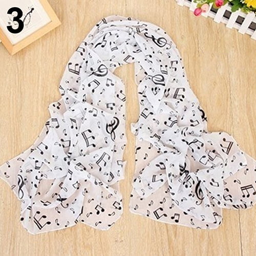 Musical Note White Chiffon Printed Neck Scarf Shawl Wrap For Ladies women's Girl