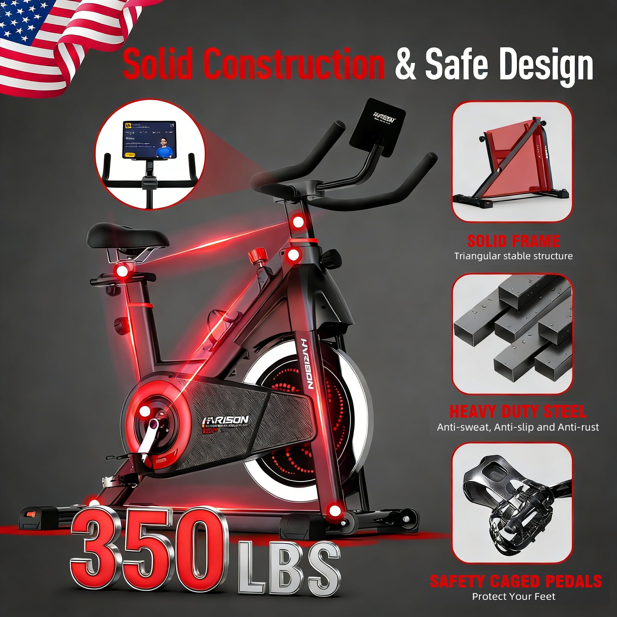 HARISON Indoor Exercise Bike 350lbs Capacity, Stationary Bike for Home with Bluetooth & iPad Holder, Adjustable Workout Bike