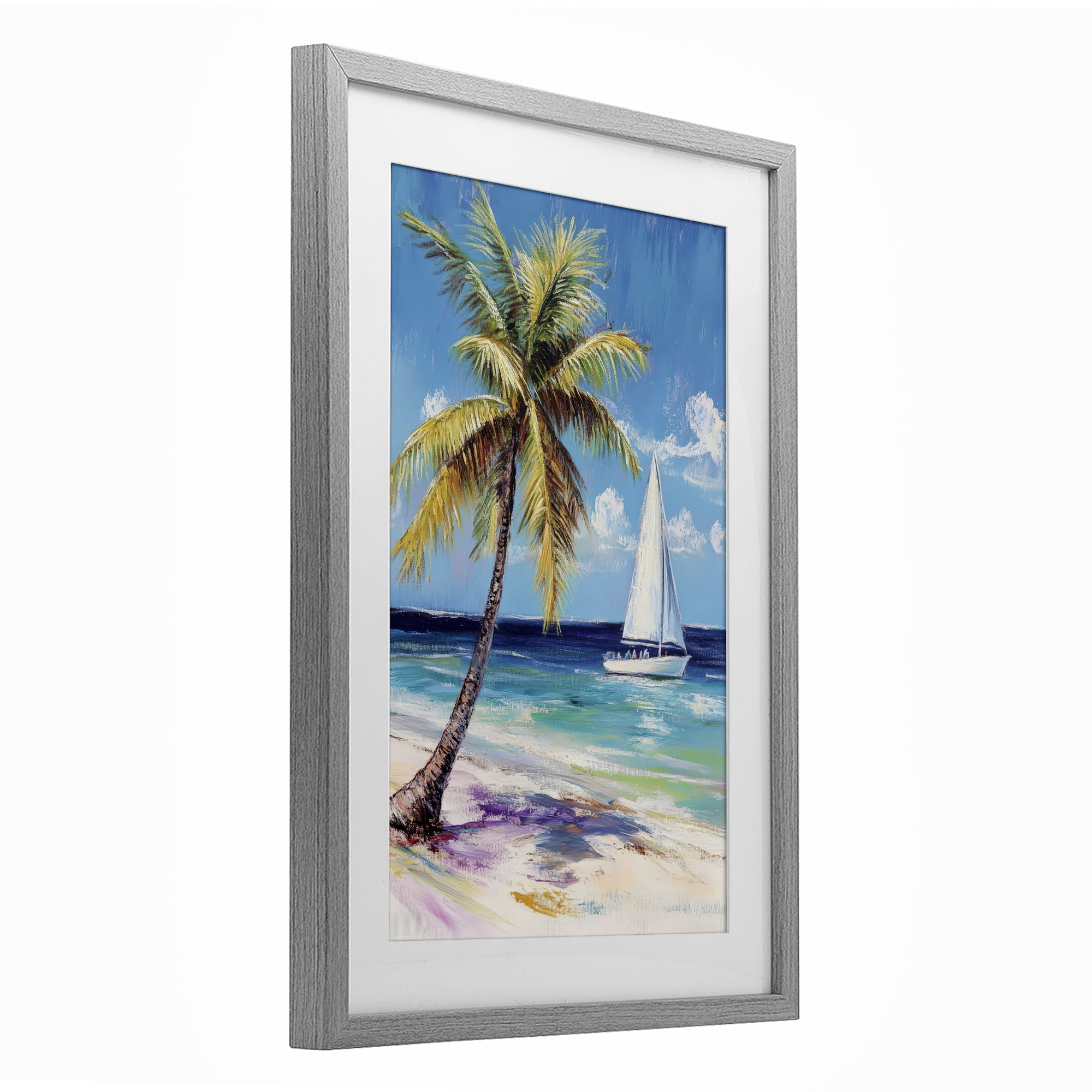 Stupell Industries Sailboat Delight with Palm Tree Gray Framed Print Under Glass, design by Petal Prints Design