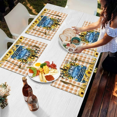 

Placemats Set of 6 Summer Sunflowers Truck Floral Leaves Minimalist Pastoral Plaid Orange Burlap Placemat Heat Proof Non Slip Place Mats for Kitchen Dining Table 19X13 Inch