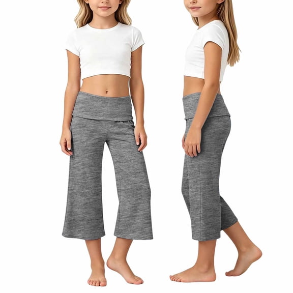 LPKRT Girls Soft Capri Flared Pants High Waist Solid Color Cropped Wide Leg Pants Stretch Comfort Yoga Pants Grey 7-8 Years